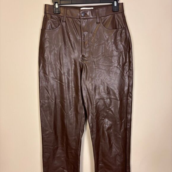 Abercrombie & Fitch Brown The 90's Straight Ultra High Rise Faux Leather Pants 2 - Picture 3 of 6